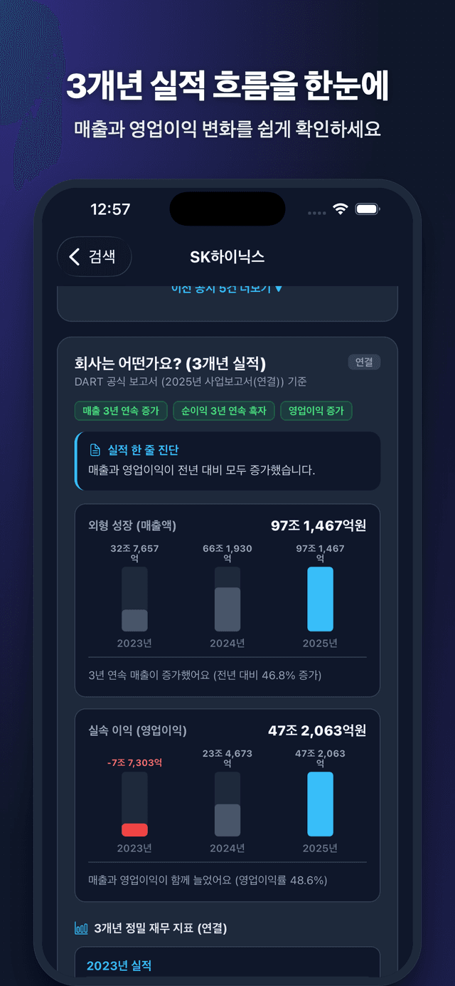 주식한눈 앱 3개년 실적 흐름 화면